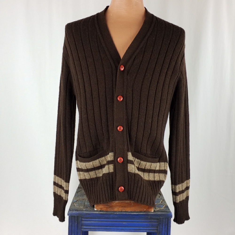 Vintage Brown Cardigan Sweater Striped USA Wool